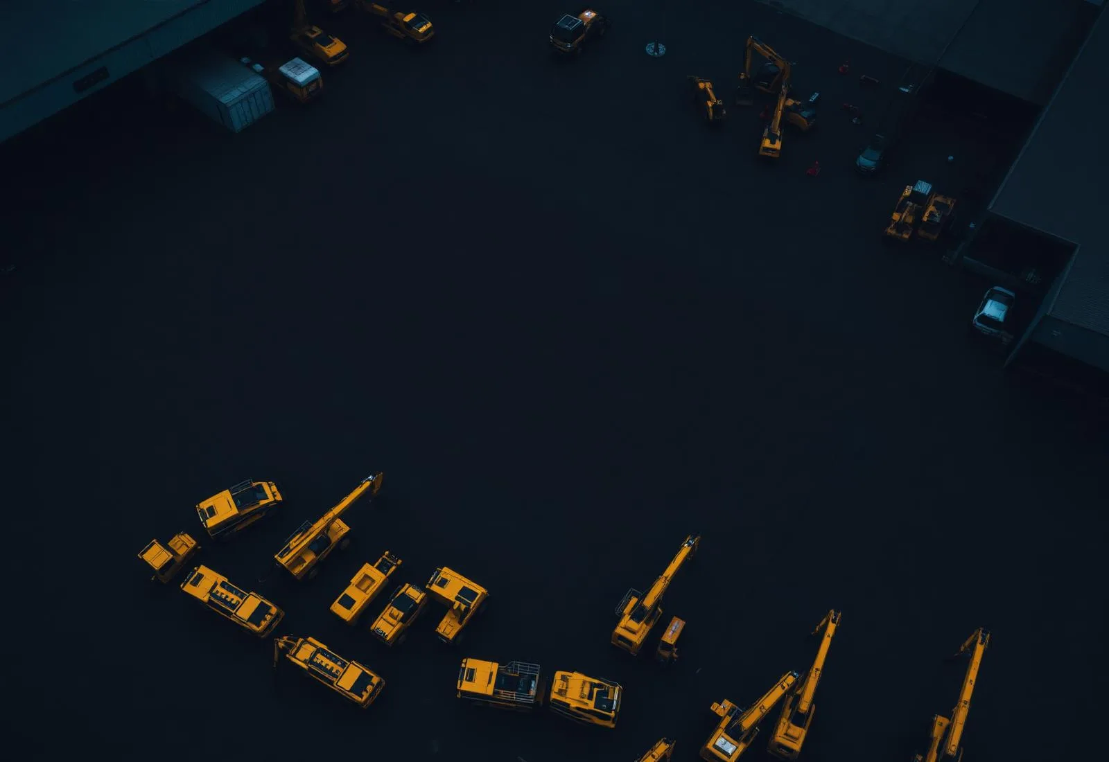 Aerial view of construction equipment fleet