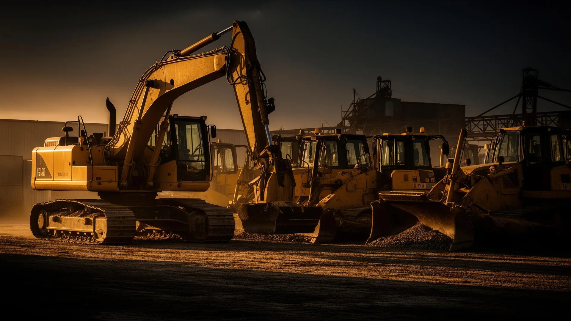 Heavy construction equipment lined up at dusk