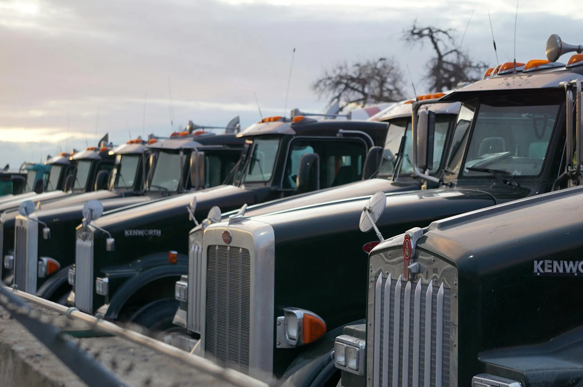 Semi trucks lined up at sunset